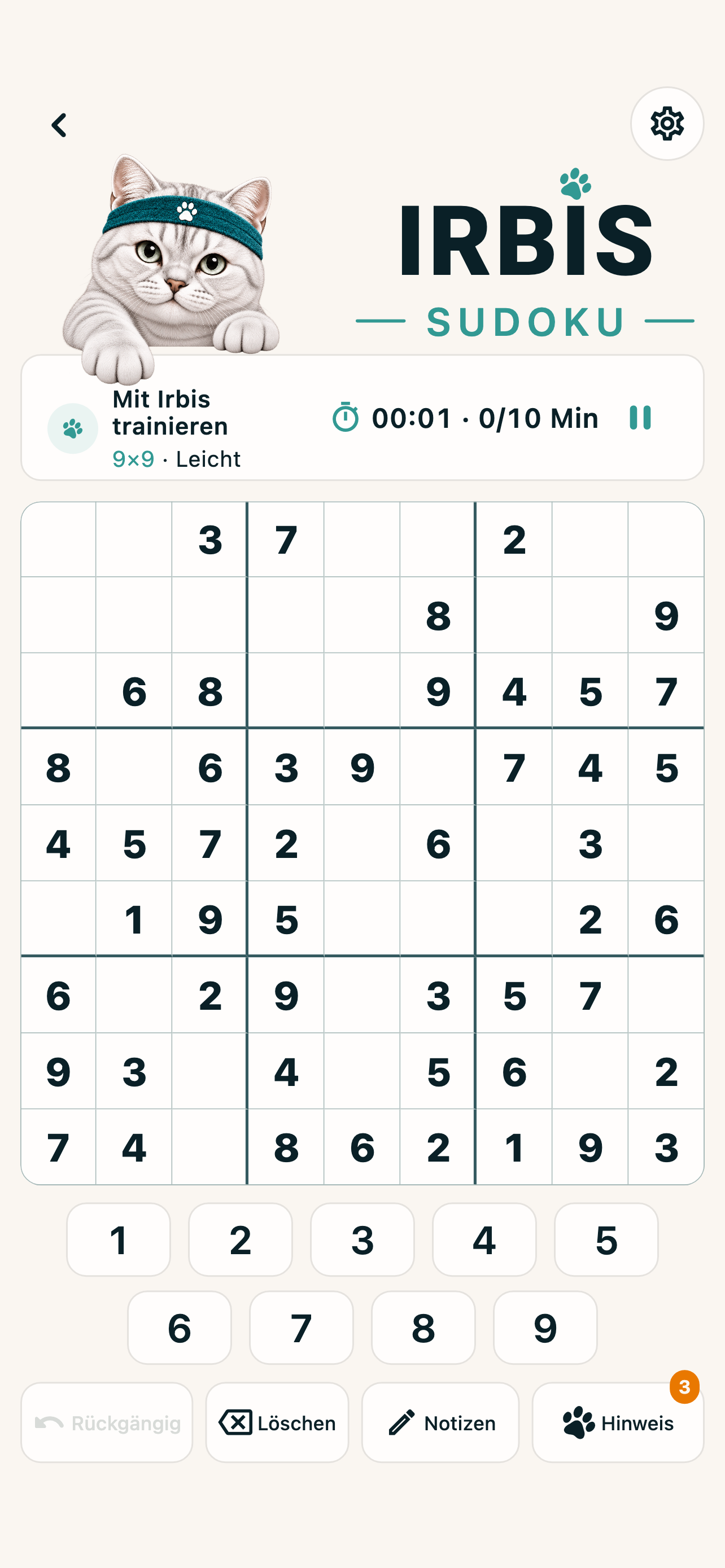 IRBIS Sudoku auf Deutsch mit 9×9-Feld, Zifferntasten, Notizen und Tipps.
