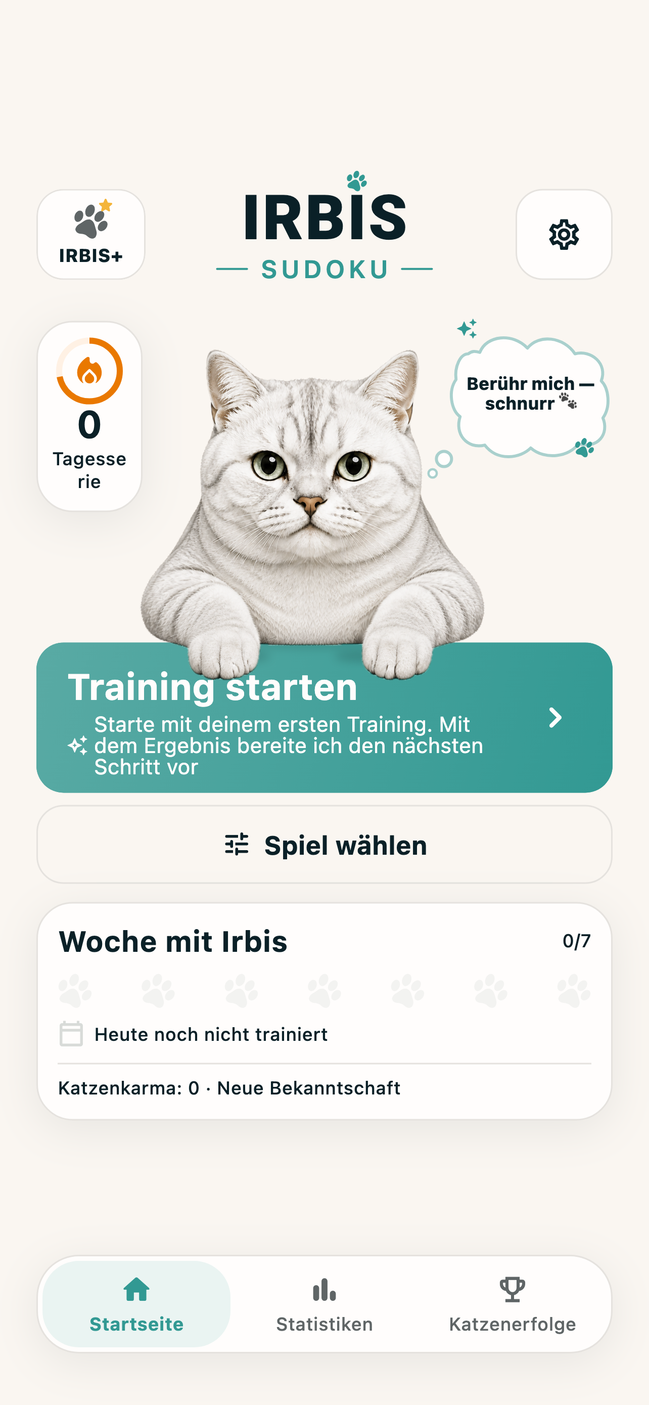 Startbildschirm von IRBIS Sudoku auf Deutsch mit Kater Irbis, Training und Spielauswahl.