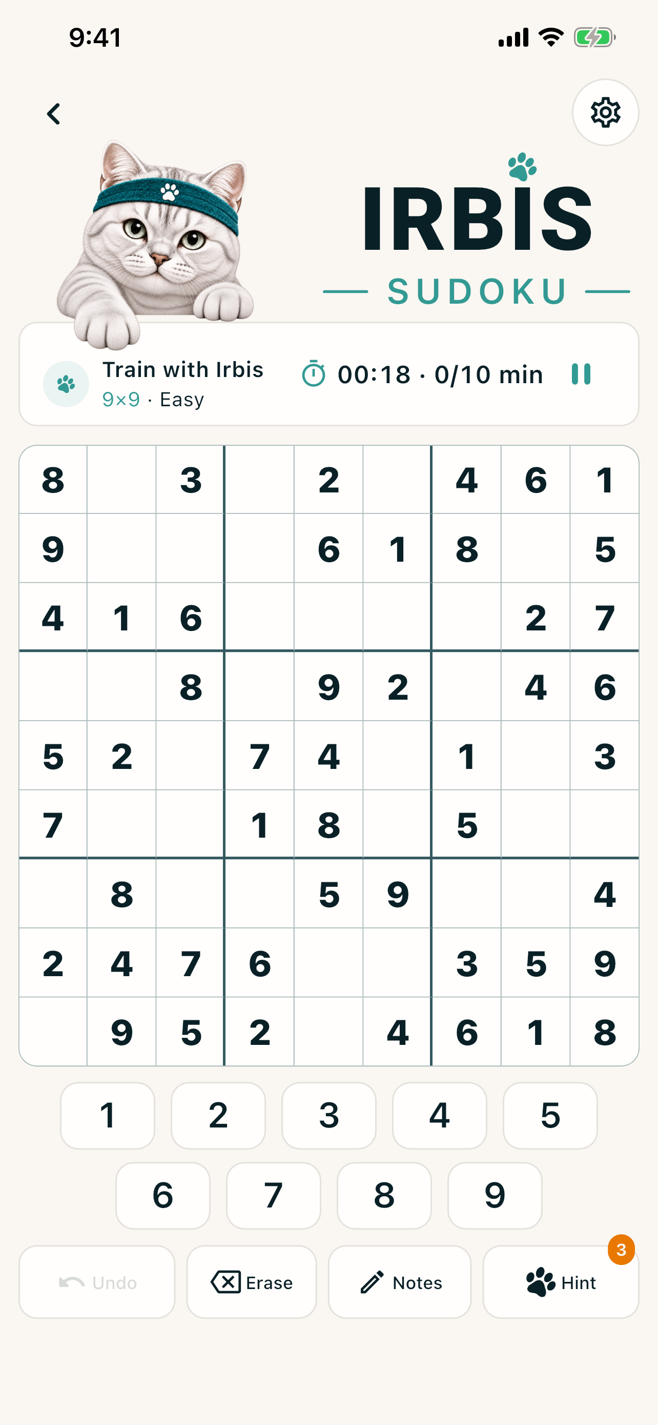 IRBIS Sudoku gameplay in English, with a 9×9 grid, number pad, notes and hints.