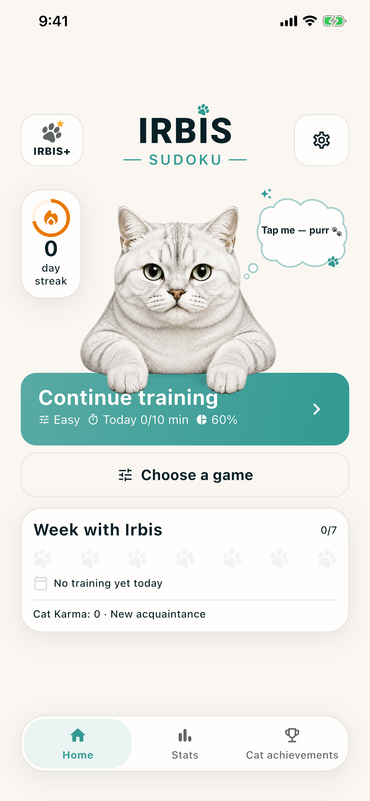 IRBIS Sudoku home screen in English, with Irbis the cat, training and game selection.