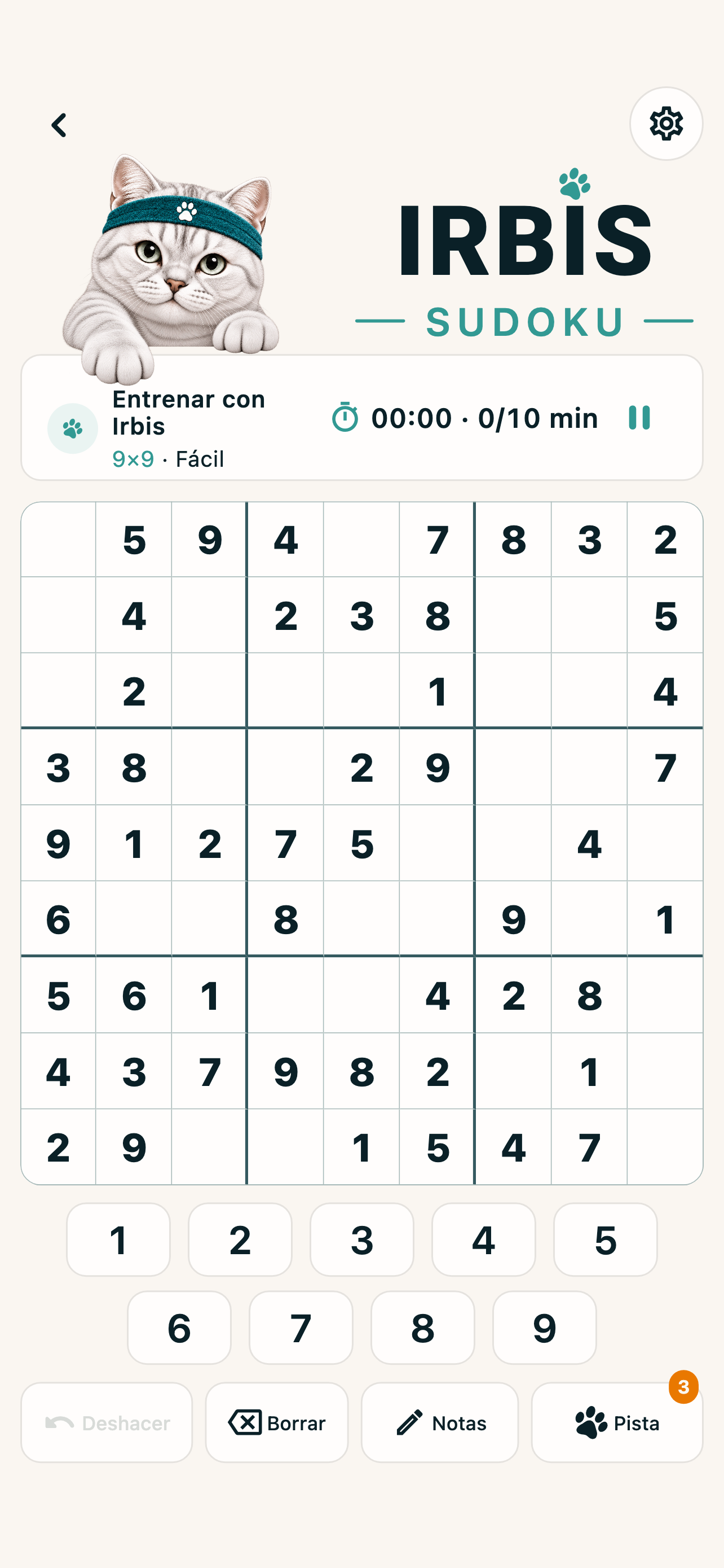 Partida de IRBIS Sudoku en español con cuadrícula de 9×9, teclado numérico, notas y pistas.