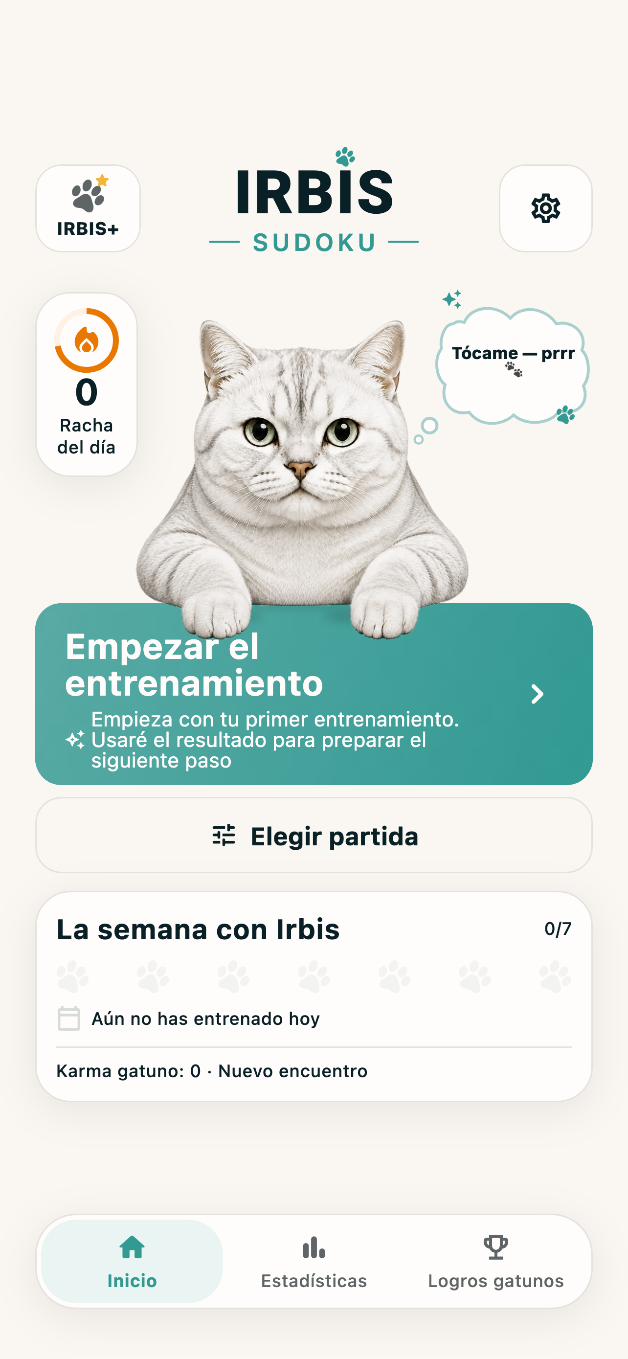 Pantalla de inicio de IRBIS Sudoku en español, con el gato Irbis, entrenamiento y selección de partida.