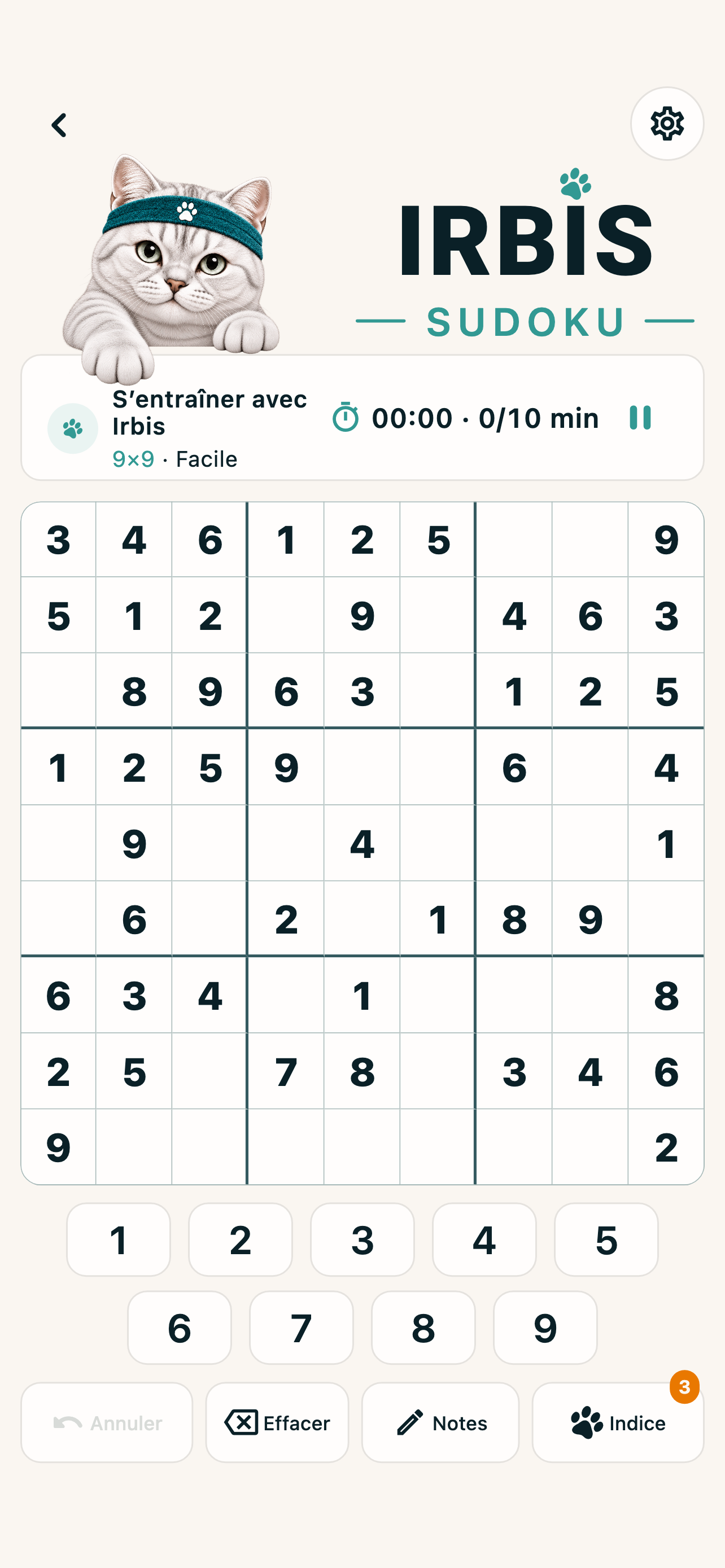 Partie d’IRBIS Sudoku en français avec une grille 9×9, un pavé numérique, des notes et des indices.