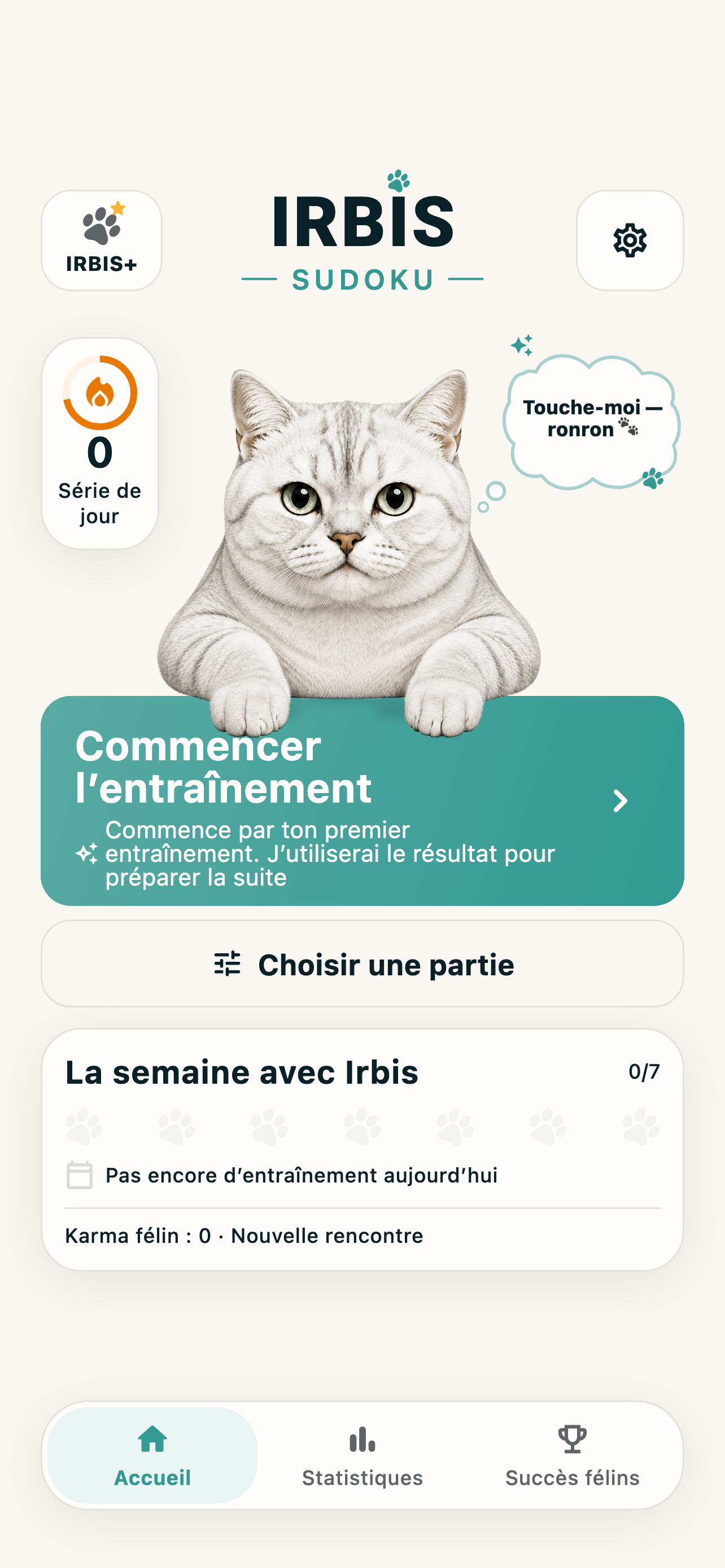 Écran d’accueil d’IRBIS Sudoku en français avec le chat Irbis, l’entraînement et le choix d’une partie.