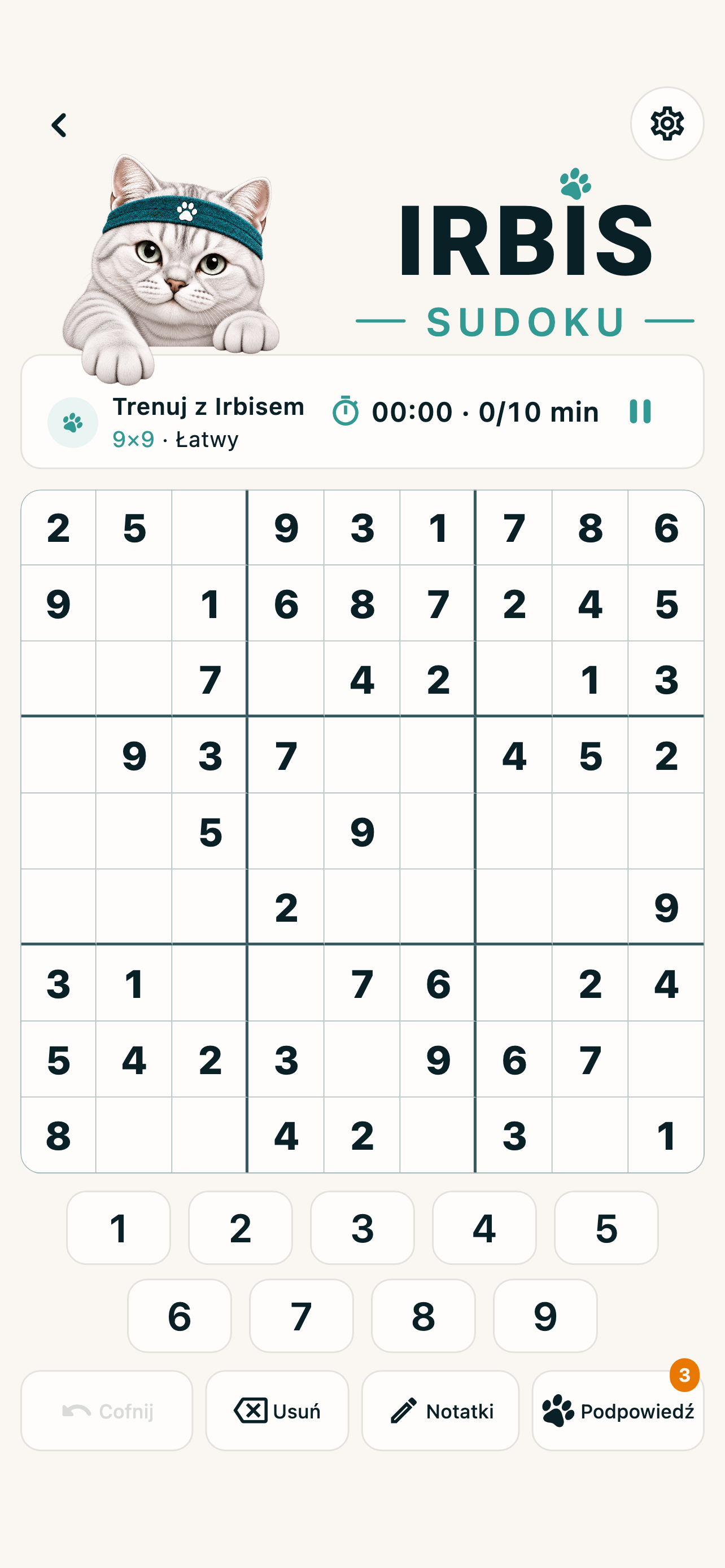 Gra IRBIS Sudoku po polsku z planszą 9×9, klawiaturą numeryczną, notatkami i podpowiedziami.