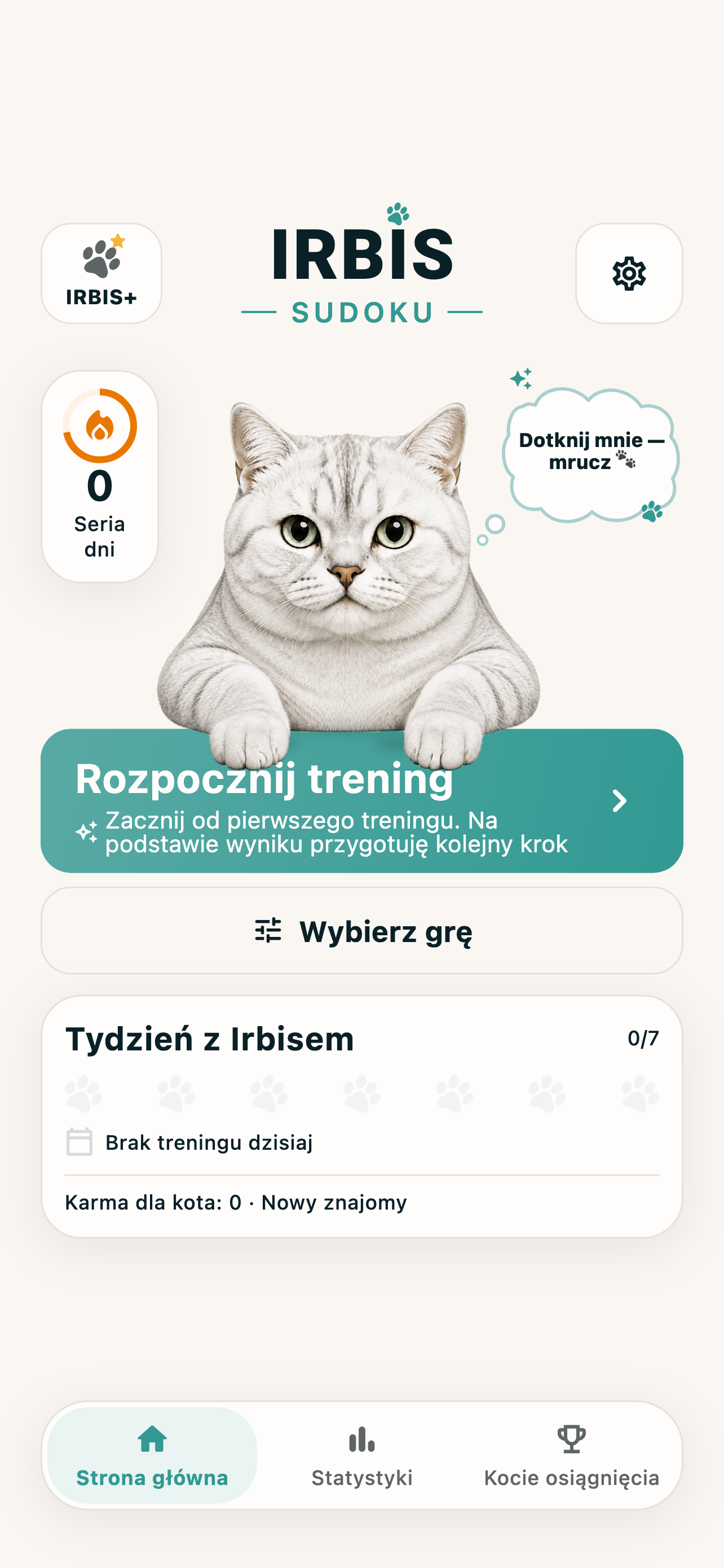 Ekran główny IRBIS Sudoku po polsku z kotem Irbisem, treningiem i wyborem gry.