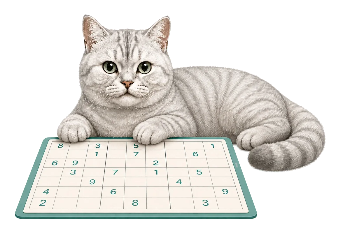 Irbis sitting behind a Sudoku grid with his paws on its edge.