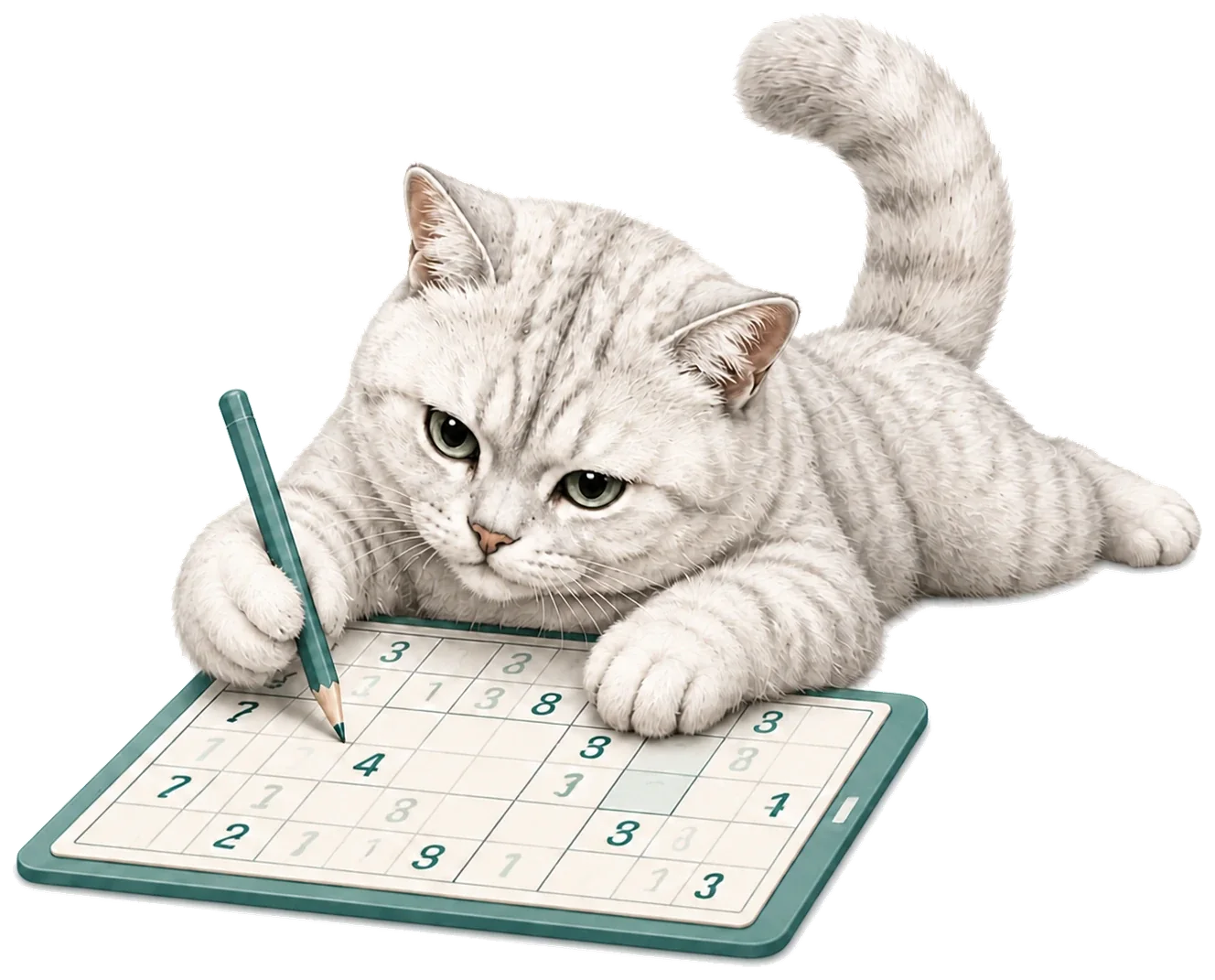Irbis lying beside a Sudoku grid and holding a pencil in his paw.