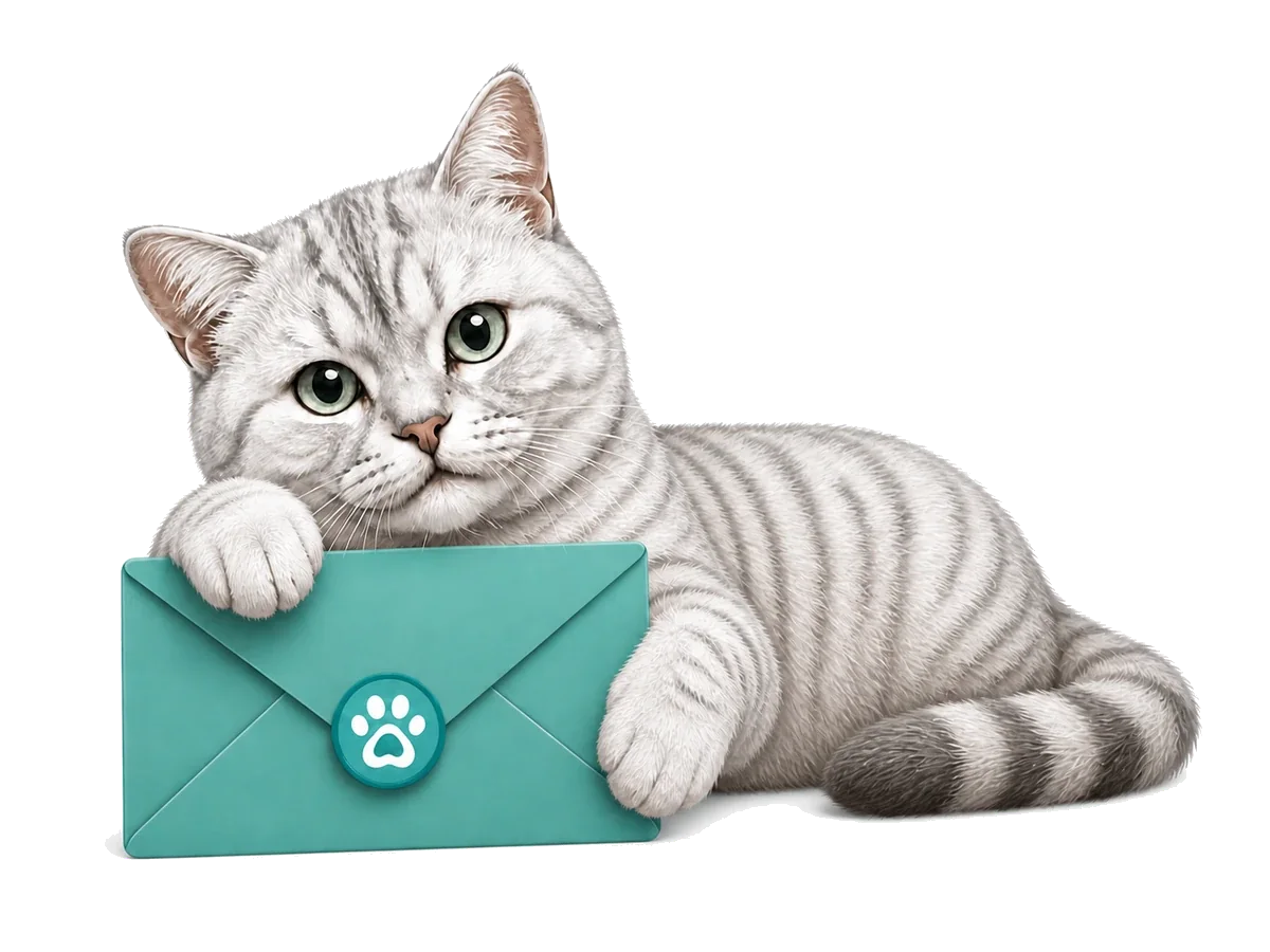 Irbis resting his paws on a teal envelope.