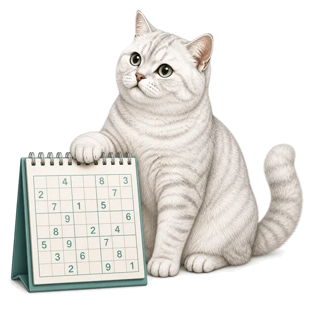 Irbis resting a paw on a calendar with a Sudoku puzzle.