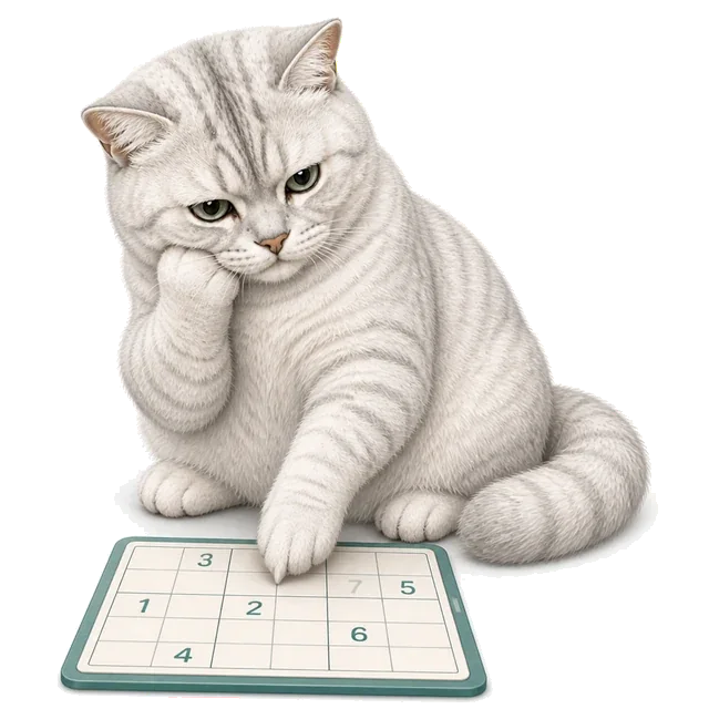 Irbis thinking over a Sudoku grid with a paw against his cheek.